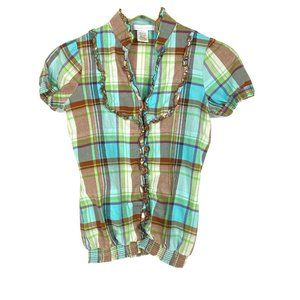 Charlotte Russe S Small Blouse Pullover Ruffle Plaid Country Western Blue Brown